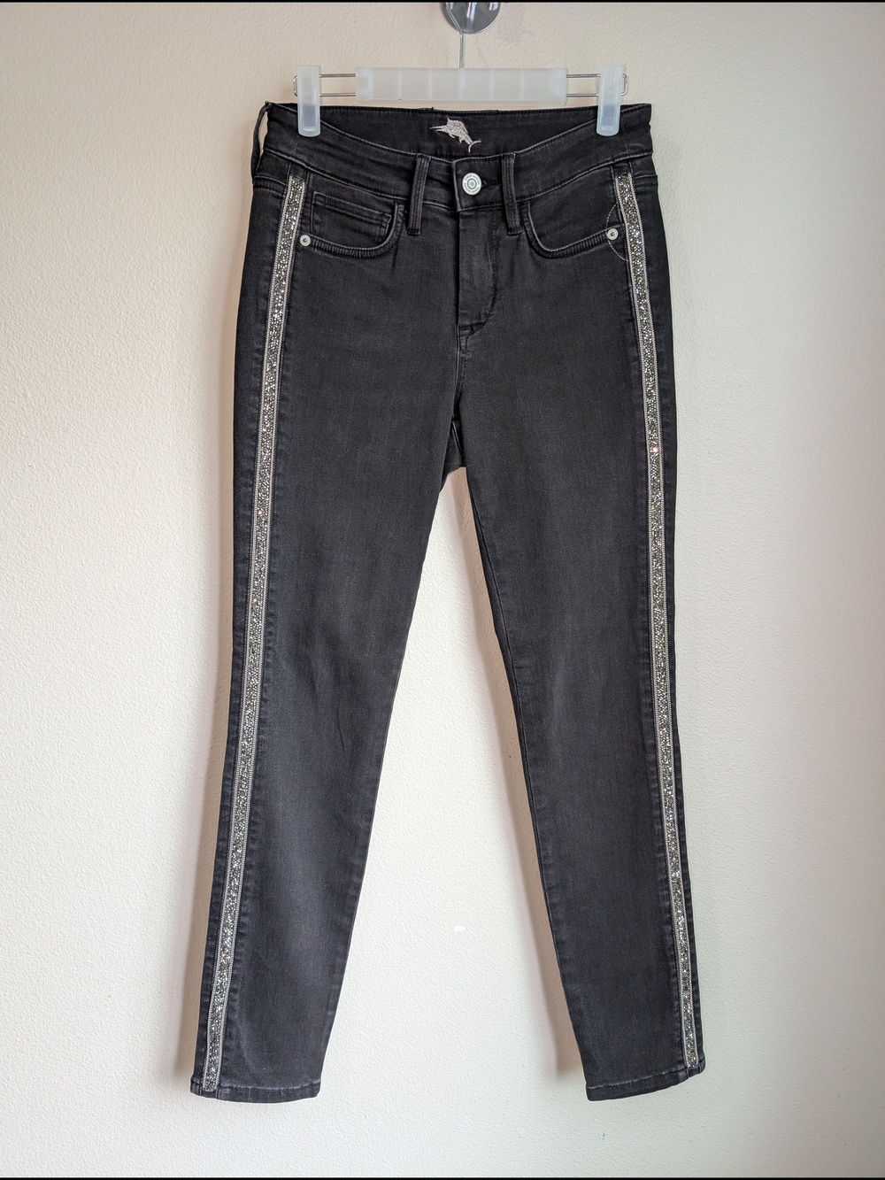 Y2K Tommy Bahama Black Skinny Jeans with Rhinestone Side Stripes Women's Size 0